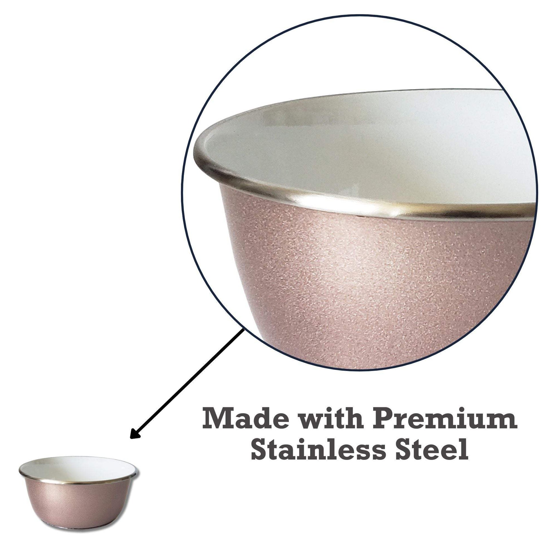 Rose gold deep dog bowl with paw print design, stainless steel, non-slip base, available in 16oz and 32oz sizes