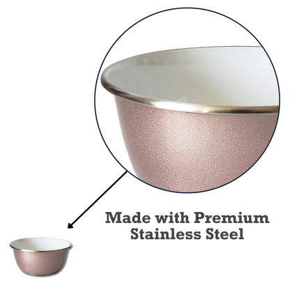 Rose gold deep dog bowl with paw print design, stainless steel, non-slip base, available in 16oz and 32oz sizes