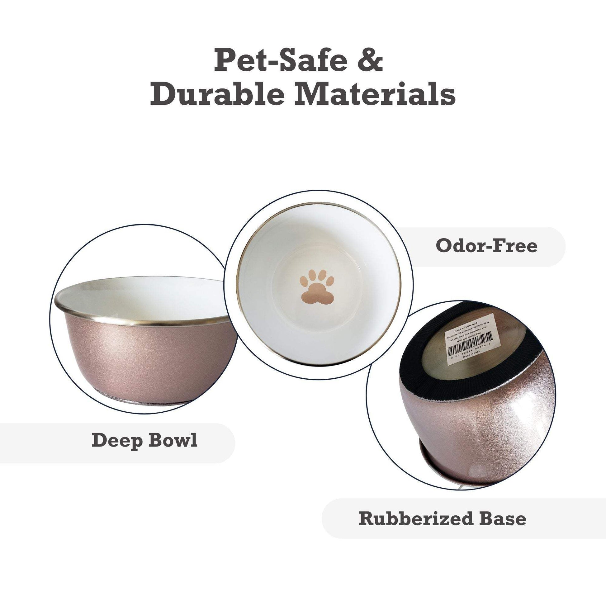 Rose gold stainless steel deep dog bowl with paw print design and non-slip base
