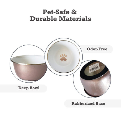 Rose gold stainless steel deep dog bowl with paw print design and non-slip base