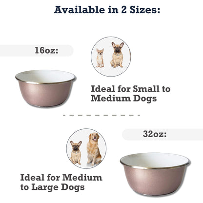 Rose Gold Deep Dog Bowl with Paw Print Design, Stainless Steel, Non-Slip Base, Available in 16oz and 32oz Sizes