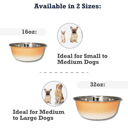 Peach coral stainless steel deep dog bowl available in 16oz for small to medium dogs and 32oz for medium to large dogs, rust-resistant with non-slip base
