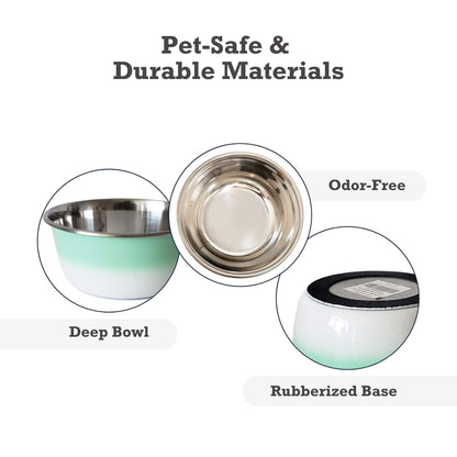 Mint green stainless steel deep dog bowl with rubberized base and odor-free surface