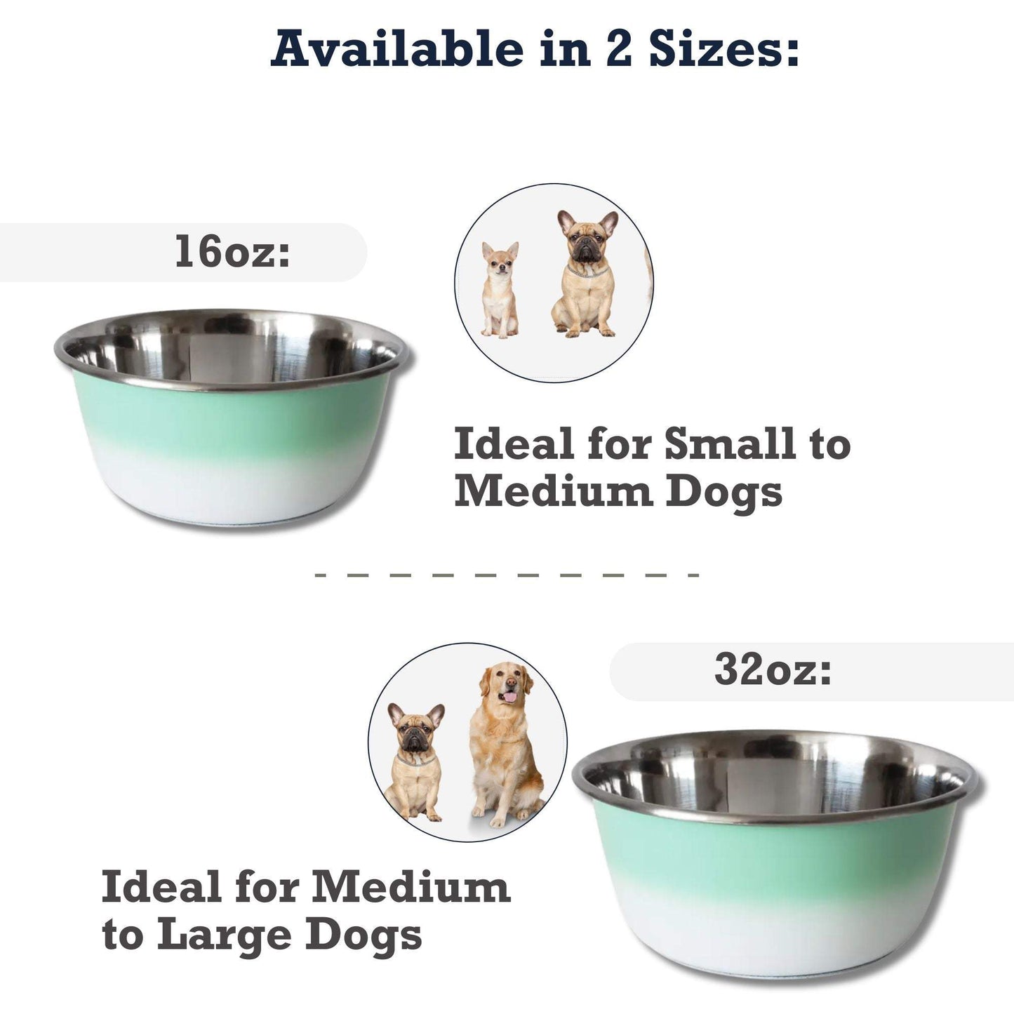 Mint green deep dog bowl in stainless steel, available in 16oz and 32oz sizes for small to large dogs