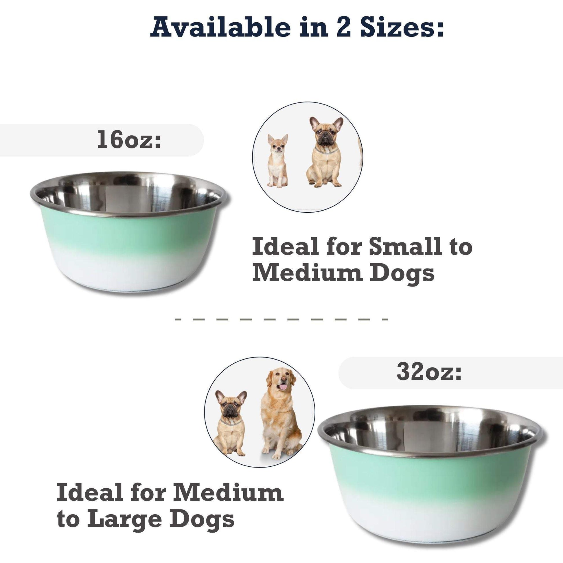 Mint green deep dog bowl in stainless steel, available in 16oz and 32oz sizes for small to large dogs