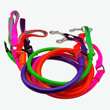 Colorful WACKYwalk’r WUNDERleash no-pull dog leashes with durable stretchable rubber and comfort grip handles