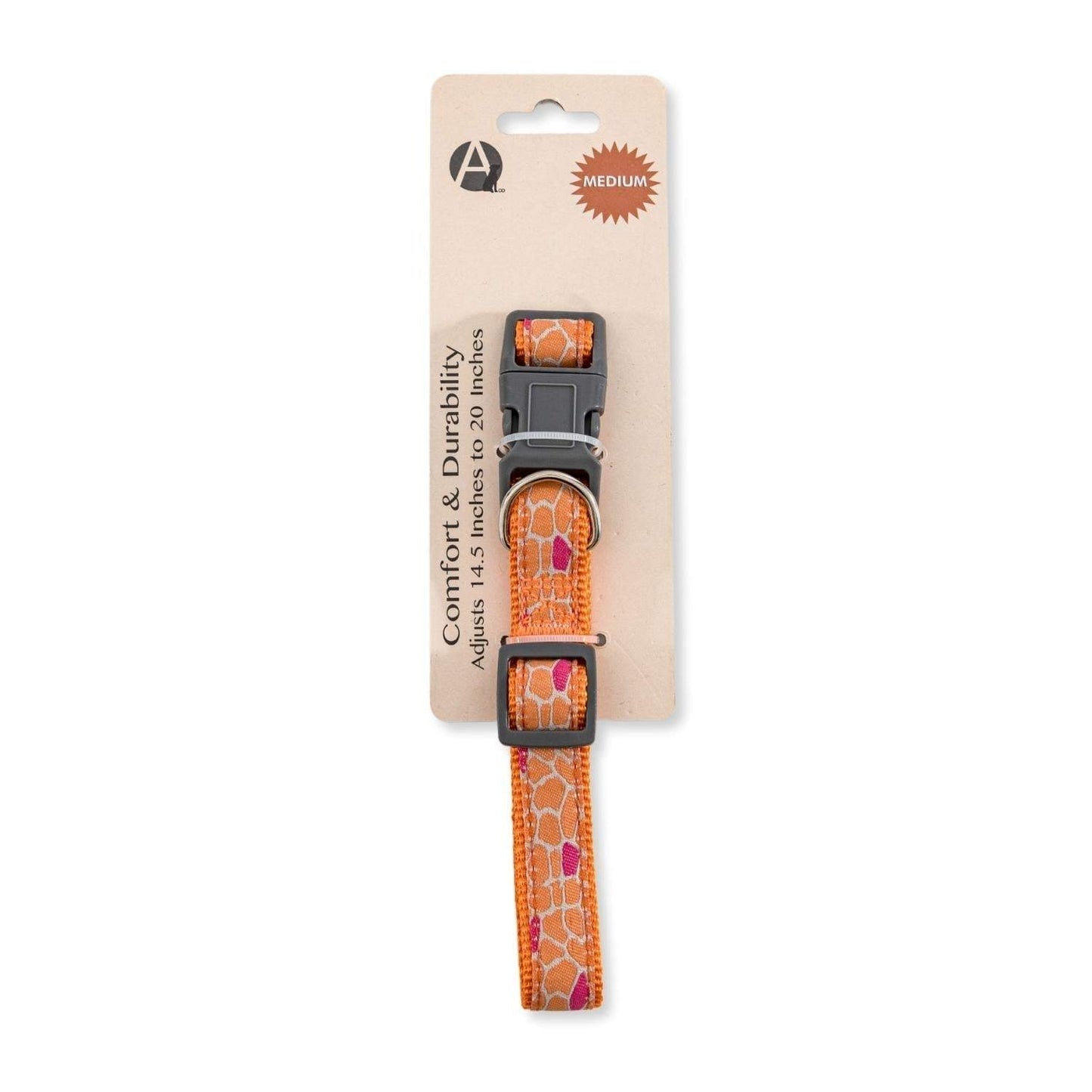 Adjustable nylon dog collar with embroidered giraffe design and secure buckle for medium dogs