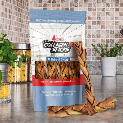 Braided collagen stick dog treats for joint health, 12-inch, all-natural, high protein, safe alternative to rawhide, 4-pack