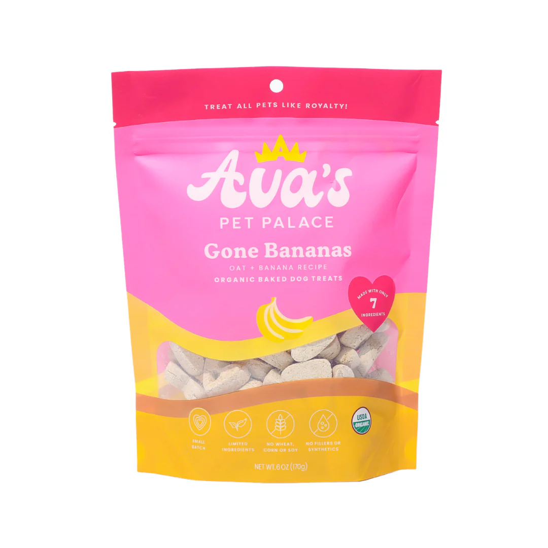 Avas Pet Palace organic Gone Bananas oven-baked dog treats package with oat and banana recipe