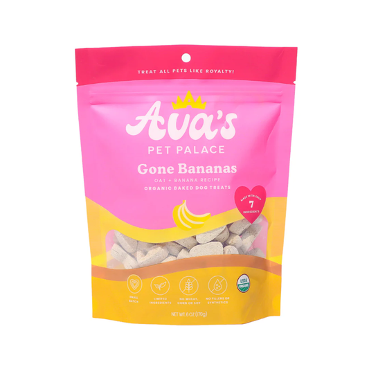 Avas Pet Palace organic Gone Bananas oven-baked dog treats package with oat and banana recipe