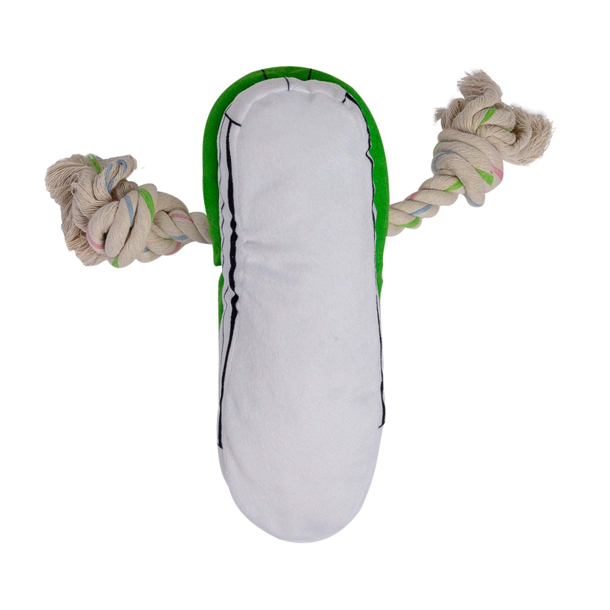 Green squeaky comfort plush sneaker dog toy with rope for tugging and treat compartment