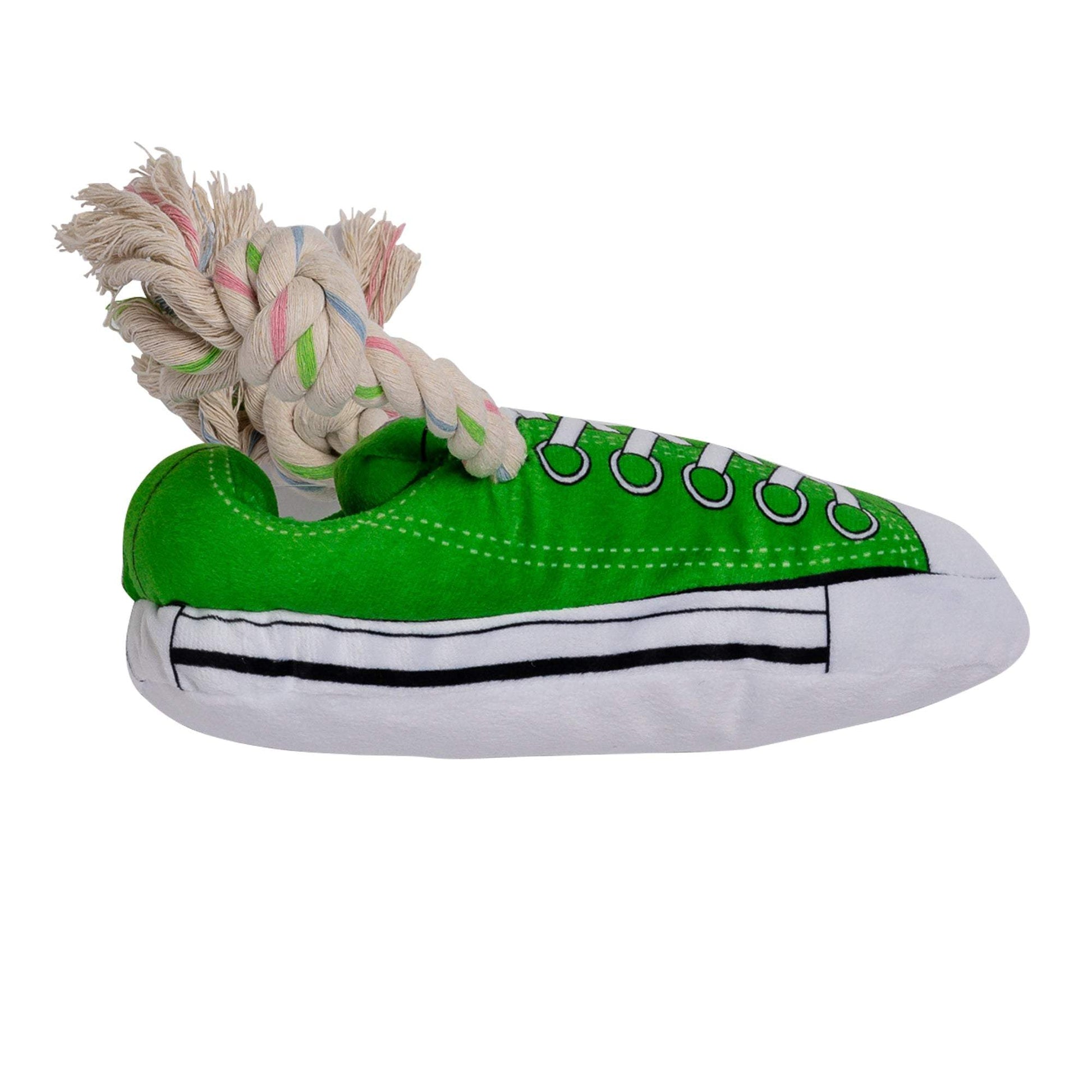 Green squeaky comfort plush sneaker dog toy with rope and hidden treat compartment