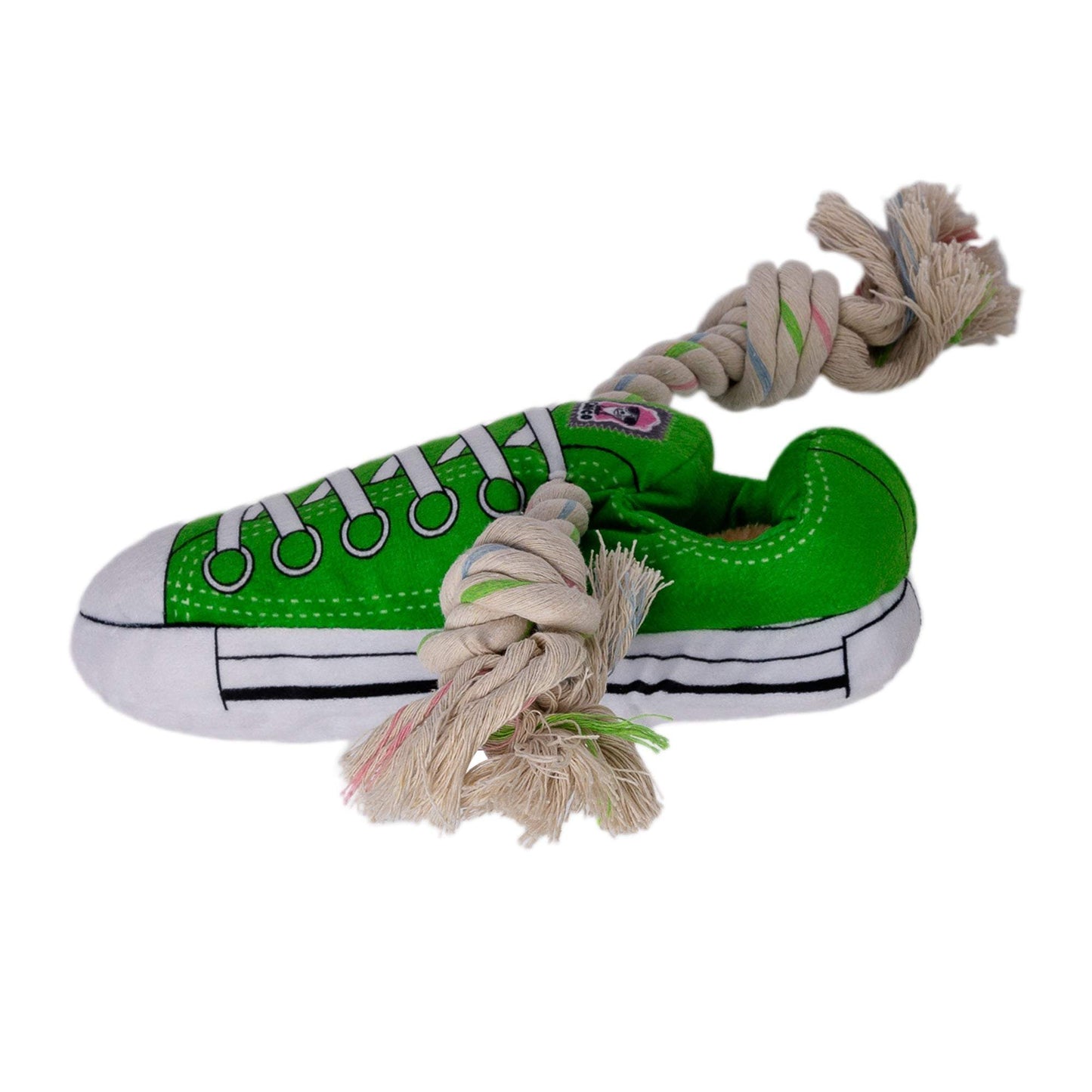 Green plush sneaker dog toy with rope, squeaker, and hidden treat compartment for interactive play