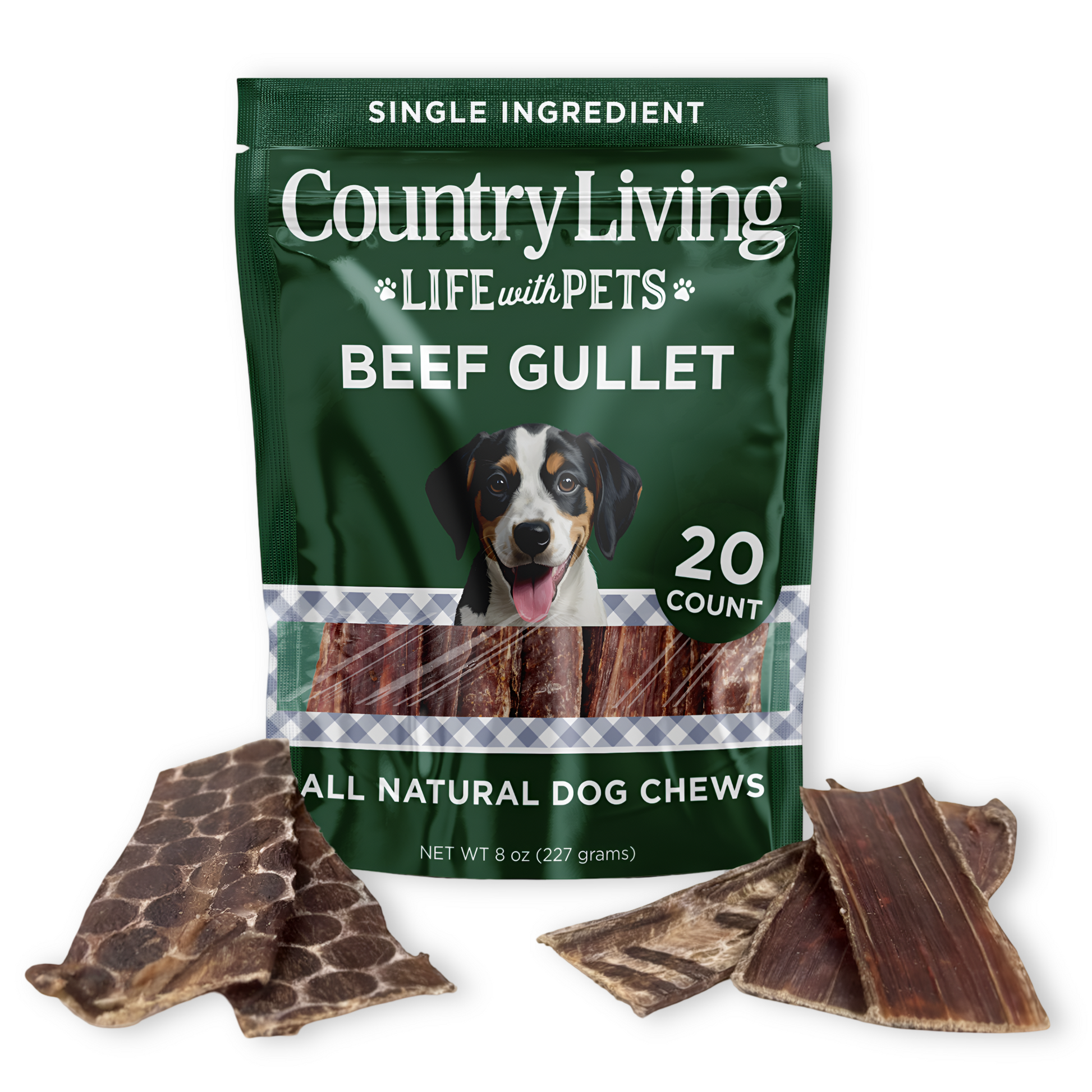 Country Living Gullet Flats 6" - all-natural beef, high-protein, easily digestible dog treats that support dental health and are grain-free.Country Living 6” Gullet Flats beef dog chews in 20 count resealable bag, all-natural high-protein single-ingredient treats