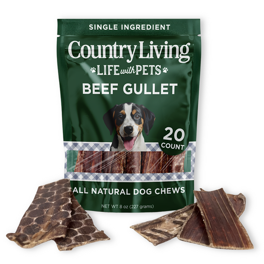 Country Living Gullet Flats 6" - all-natural beef, high-protein, easily digestible dog treats that support dental health and are grain-free.Country Living 6” Gullet Flats beef dog chews in 20 count resealable bag, all-natural high-protein single-ingredient treats