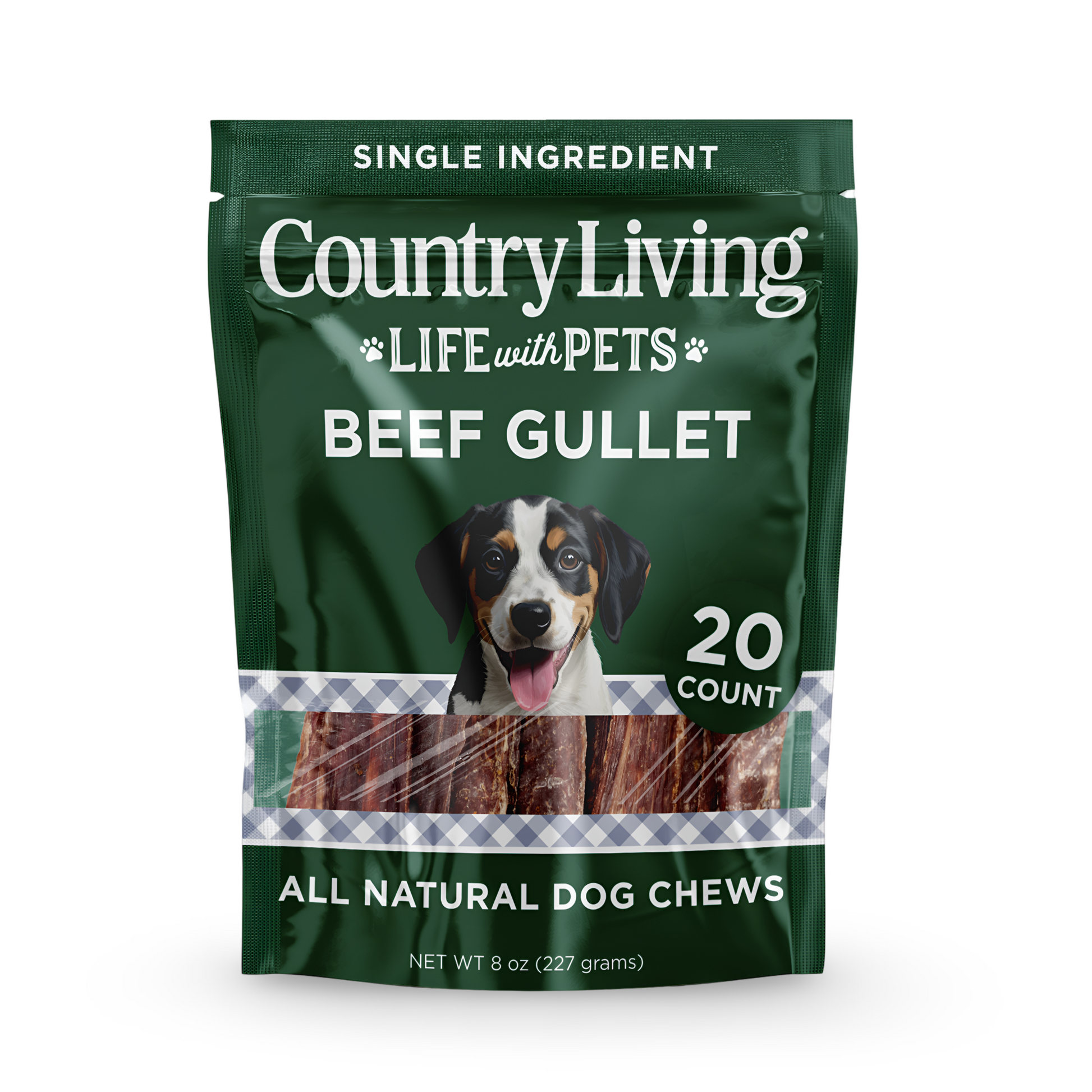 Country Living Gullet Flats 6" - all-natural beef, high-protein, easily digestible dog treats that support dental health and are grain-free.Country Living 6” Gullet Flats beef dog chews in 20 count resealable bag, all-natural high-protein single-ingredient treats