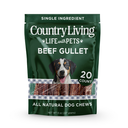 Country Living Gullet Flats 6" - all-natural beef, high-protein, easily digestible dog treats that support dental health and are grain-free.Country Living 6” Gullet Flats beef dog chews in 20 count resealable bag, all-natural high-protein single-ingredient treats