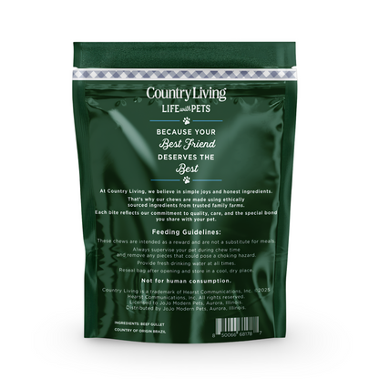 Country Living Gullet Flats 6" - all-natural beef, high-protein, easily digestible dog treats that support dental health and are grain-free.Country Living 6” Gullet Flats beef dog chews in 20 count resealable bag, all-natural high-protein single-ingredient treats