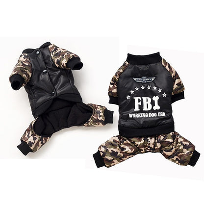 FBI camouflage coat jumpsuit with button design for dogs, warm and durable pet clothing