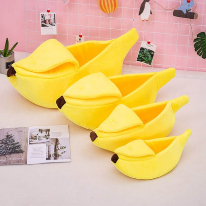 Banana shaped soft plush pet beds in four sizes for cats and small dogs
