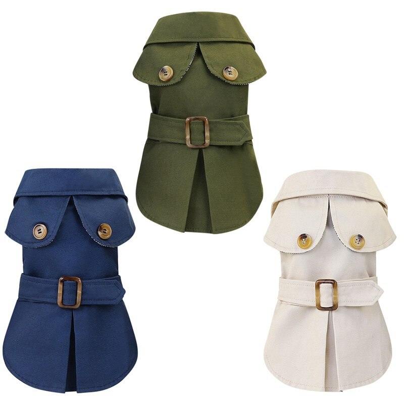 British Style Pet Jacket in green, navy, and beige for small dogs with button details and belt buckle