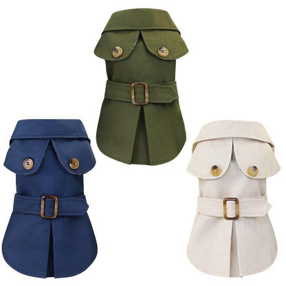 British Style Pet Jacket in green, navy, and beige for small dogs with button details and belt buckle