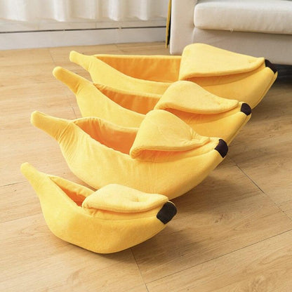 Banana shaped soft plush pet bed in multiple sizes for cats and small dogs