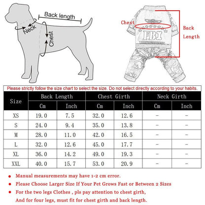 FBI camouflage dog coat with jumpsuit pants, thick cotton polyester, button design, warm and comfortable pet clothing