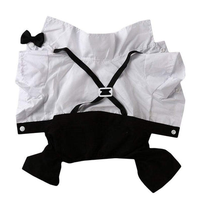 Black and white pet suit with bow tie for dogs and cats, stylish tuxedo jumpsuit for special occasions