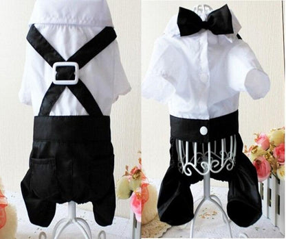 Elegant black and white pet suit with bow tie for dogs and cats, formal tuxedo style clothing for special occasions