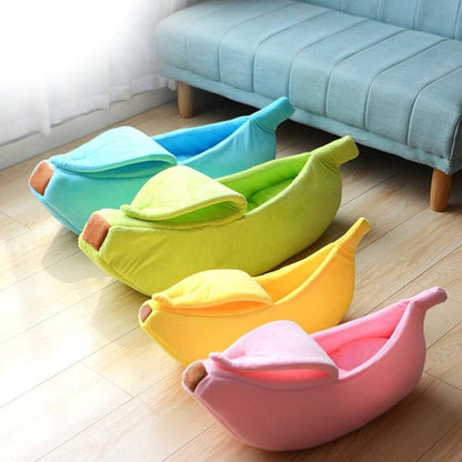 Colorful banana shaped pet beds for cats and small dogs, soft plush fabric with peelable cover, cozy and portable pet house