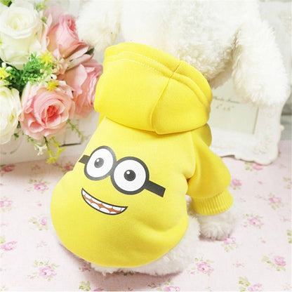 Small dog cartoon hoodie sweater in yellow with smiling face design