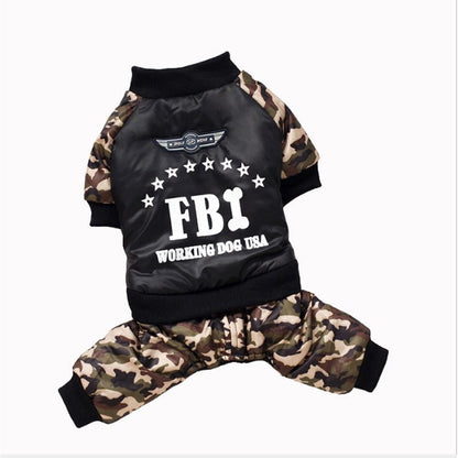 FBI camouflage dog coat and jumpsuit pants with button design, thick warm cotton polyester material, and stylish working dog USA print.