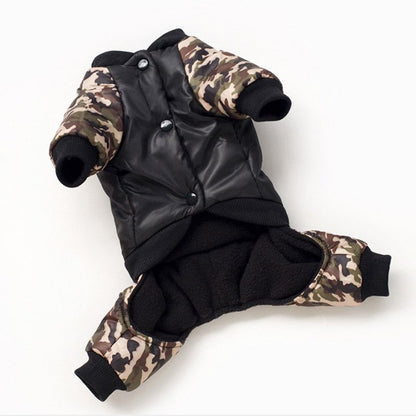 FBI camouflage dog coat with jumpsuit pants, thick warm cotton polyester pet clothing with button design for easy wear