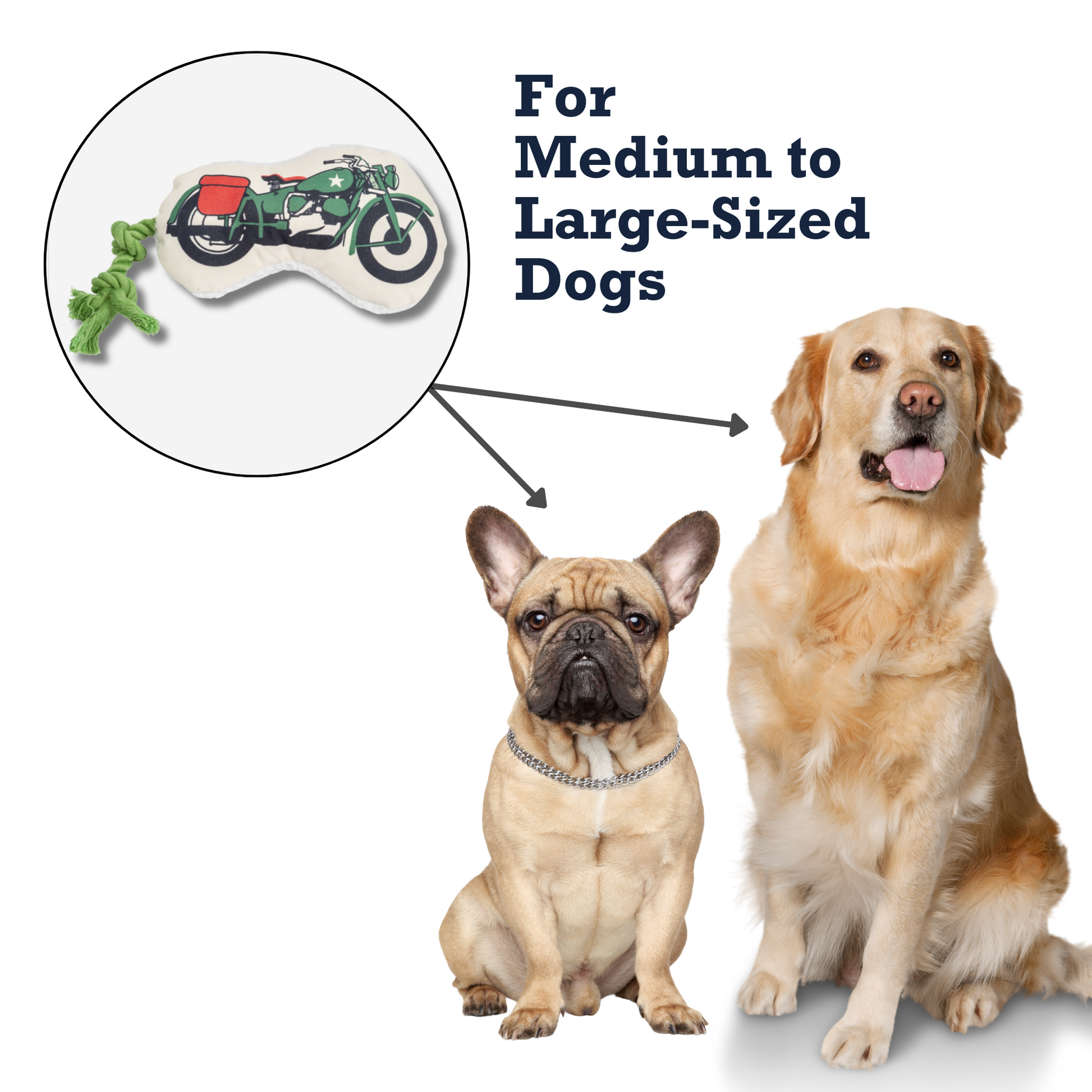 Country Living Retro Army Motorcycle plush dog toy with squeaker, crinkle paper, and rope for medium to large dogs