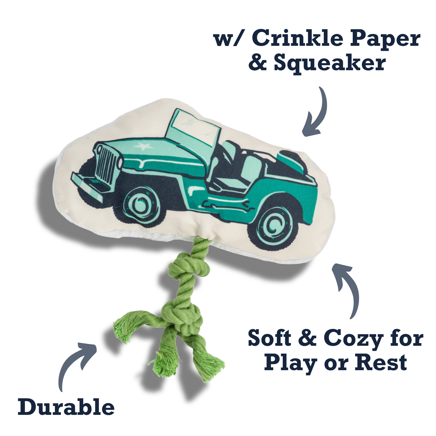 Country Living Retro Army Jeep plush dog toy with squeaker, crinkle paper, durable rope, and soft fleece backing for medium to large dogs