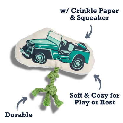 Country Living Retro Army Jeep plush dog toy with squeaker, crinkle paper, durable rope, and soft fleece backing for medium to large dogs