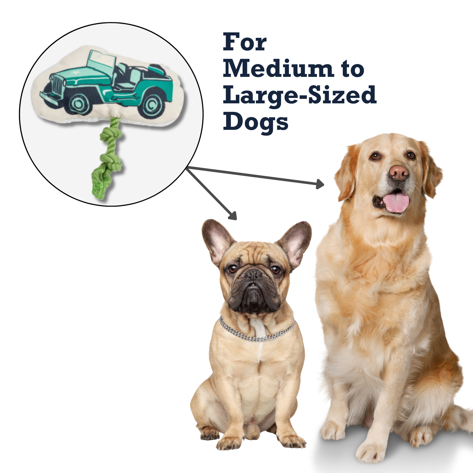Country Living Retro Army Jeep plush dog toy with squeaker and rope for medium to large dogs