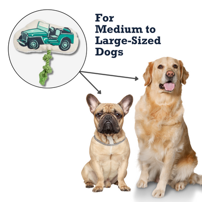 Country Living Retro Army Jeep plush dog toy with squeaker and rope for medium to large dogs