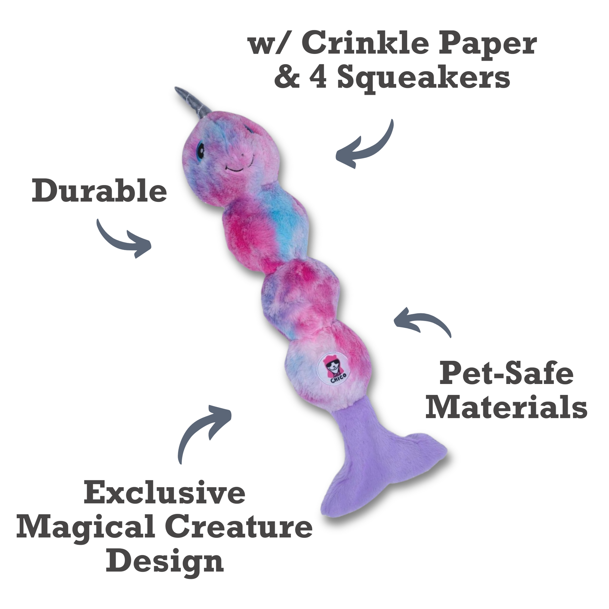 Tie Dye Skinny Narwhal Magical Creature Plush Dog Toy - Fun & Durable