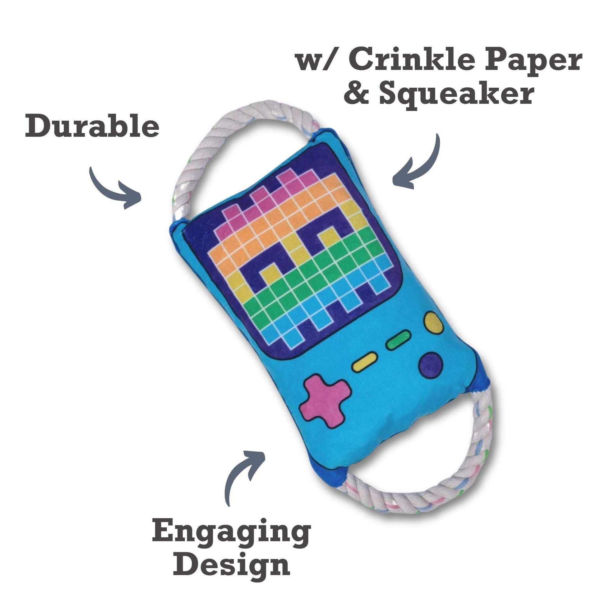 Retro Gamer Plush Dog Toy with squeaker and crinkle paper for interactive dog play