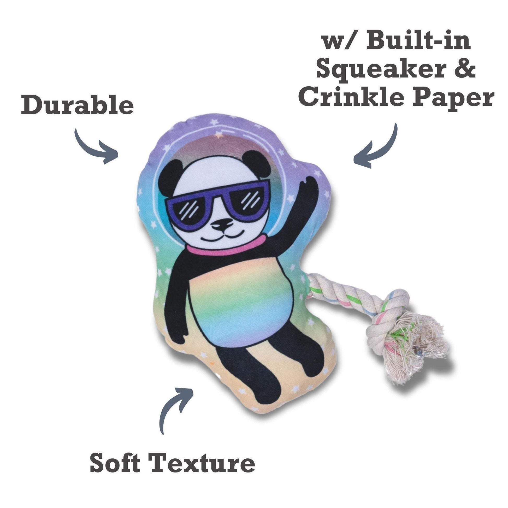 Space Panda Plush Dog Toy with squeaker and crinkle paper for interactive dog play
