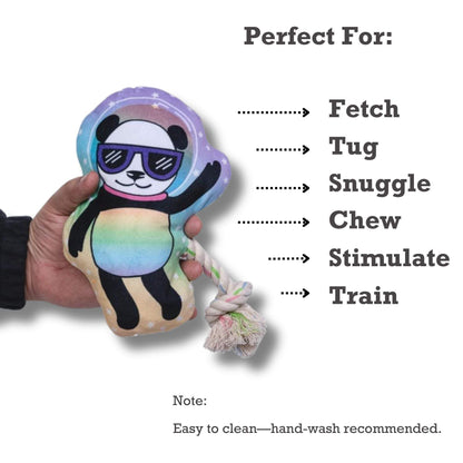 Space Panda Plush Dog Toy with squeaker and crinkle paper for interactive fetch, tug, snuggle, chew, and training play