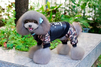 Small dog wearing FBI camouflage coat jumpsuit pants in outdoor setting