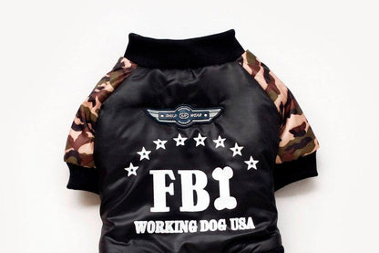 Black dog jumpsuit with camouflage sleeves and FBI Working Dog USA print