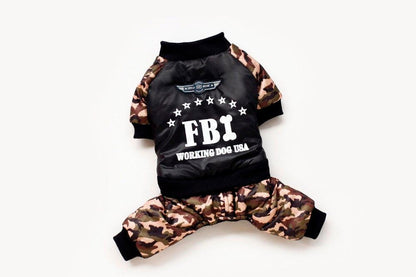 FBI camouflage dog coat and jumpsuit pants with button design for warmth and comfort