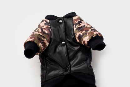 FBI camouflage dog coat with padded black body and camo sleeves, warm jumpsuit style pet outfit