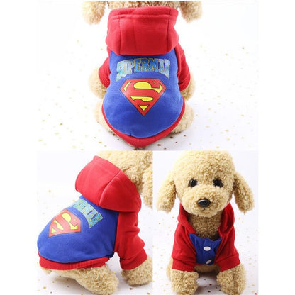 Small dog cartoon hoodie sweater with Superman logo in red and blue, soft fleece-lined pet jacket for puppies and small to medium dogs.