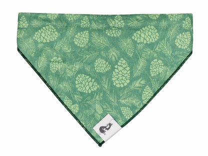 Pine Cone Pup Bandana with pine tree branch and pine cone design on lightweight, breathable fabric for comfortable outdoor wear