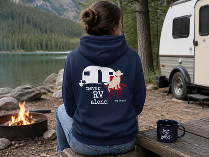 Navy zip hoodie with front zipper and unisex cut, featuring soft heavyweight fabric ideal for RV trips